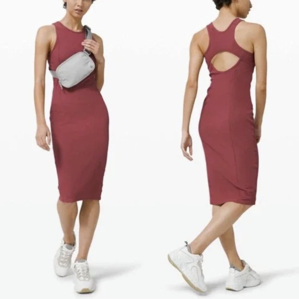 Lululemon Brunch and Back Midi Dress Chianti Ribbed Luxtreme Open Back Bodycon